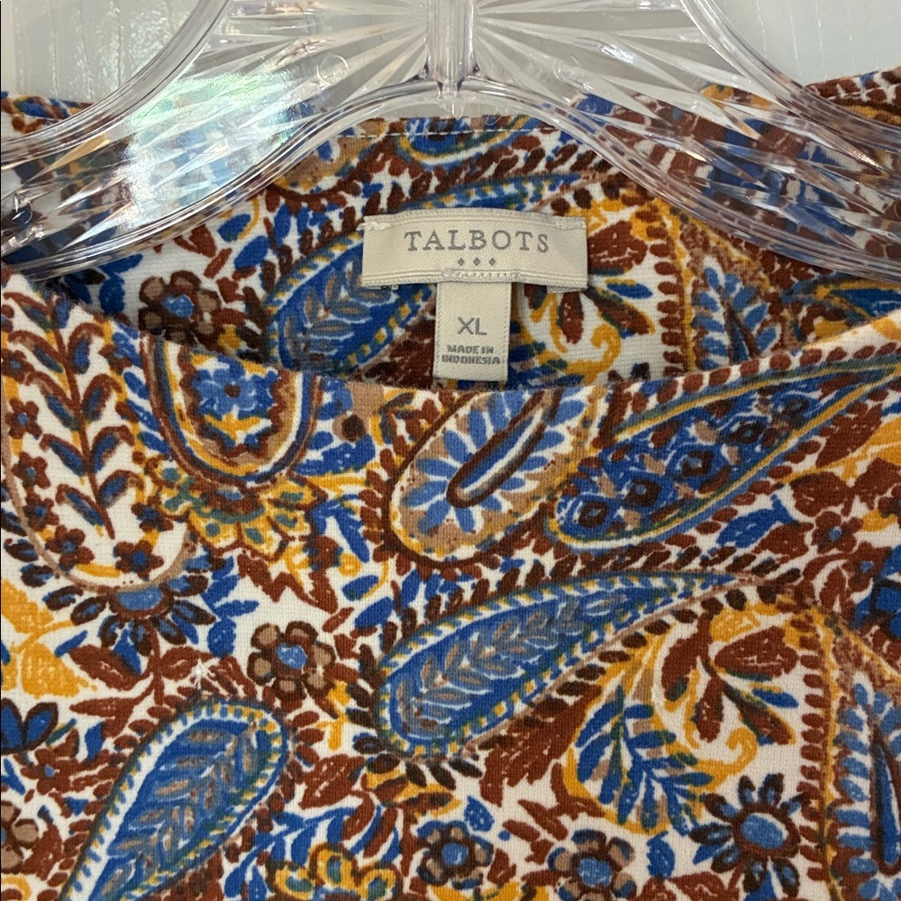 Talbots Brown Blue Paisley Floral Mock Neck Stretch Knit Top SZ XL